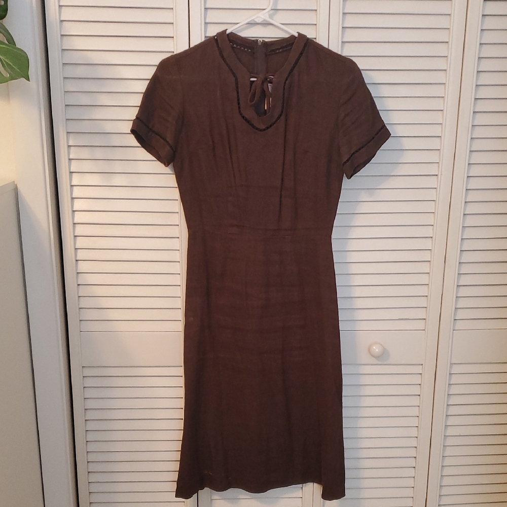 Stop Staring Chocolate Brown Retro Linen 40s Pinup Pencil Dress S